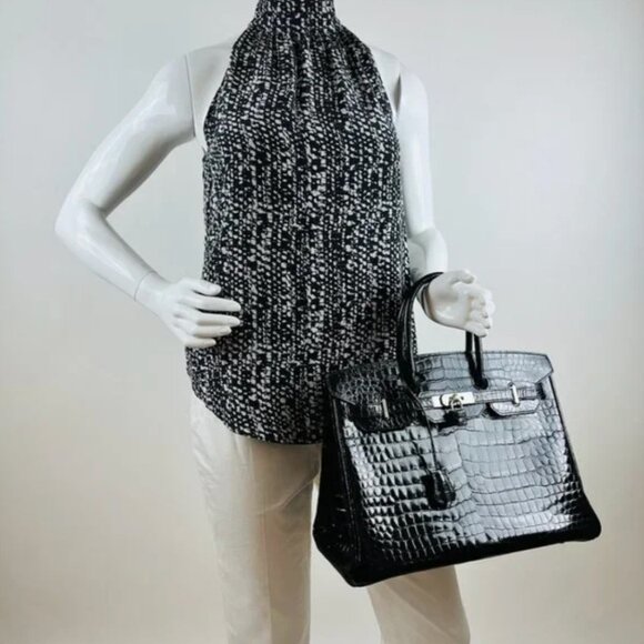 Hermes Shiny Porosus Crocodile Skin Birkin 35 w Palladium HW in Noir or Black - Picture 3 of 13